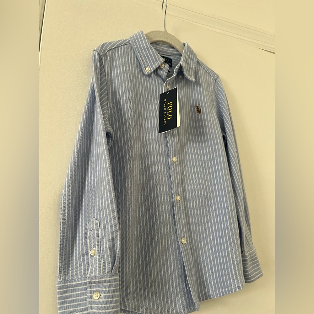 Polo by Ralph Lauren Blue White Striped Knit Cotton Oxford Shirt Boys 5 NWT - Picture 5 of 8